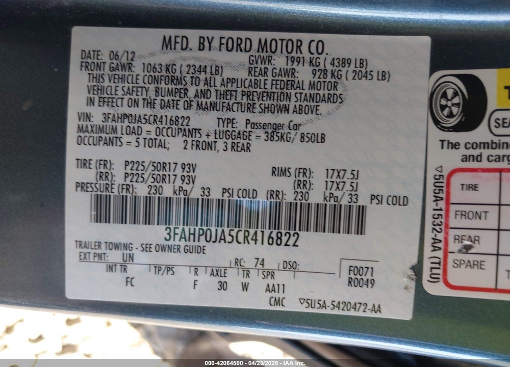 2012 FORD FUSION VIN: 3FAHP0JA5CR416822