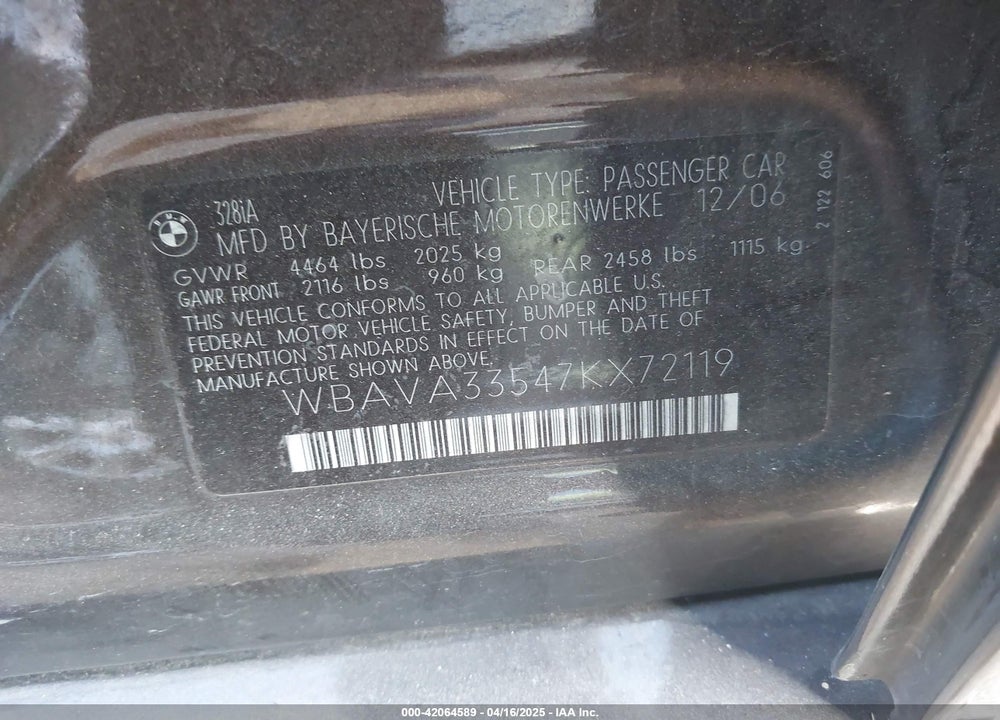 2007 BMW 328I VIN: WBAVA33547KX72119
