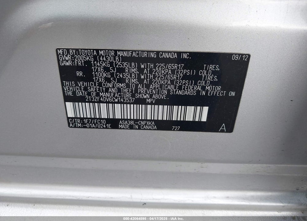 2012 TOYOTA RAV4 VIN: 2T3ZF4DV6CW143537