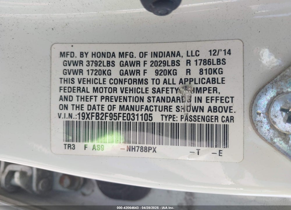 2015 HONDA CIVIC EX-L VIN: 19XFB2F95FE031105