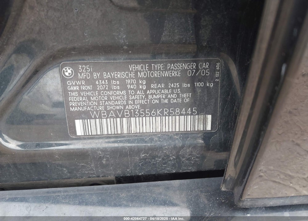 2006 BMW 325I VIN: WBAVB13556KR58445