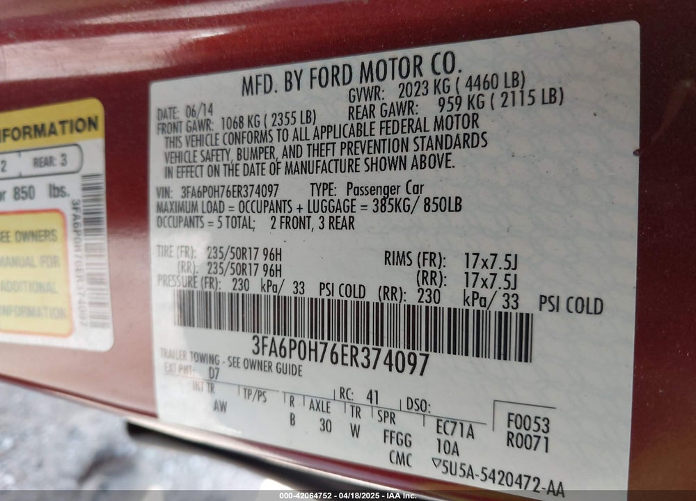 2014 FORD FUSION VIN: 3FA6P0H76ER374097