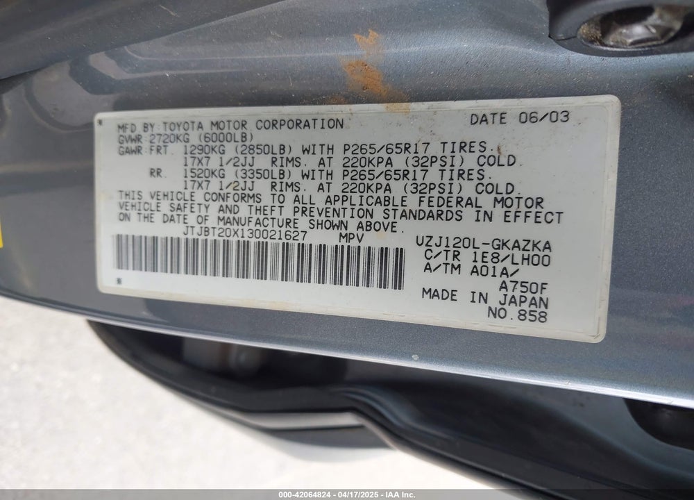 2003 LEXUS GX 470 VIN: JTJBT20X130021627
