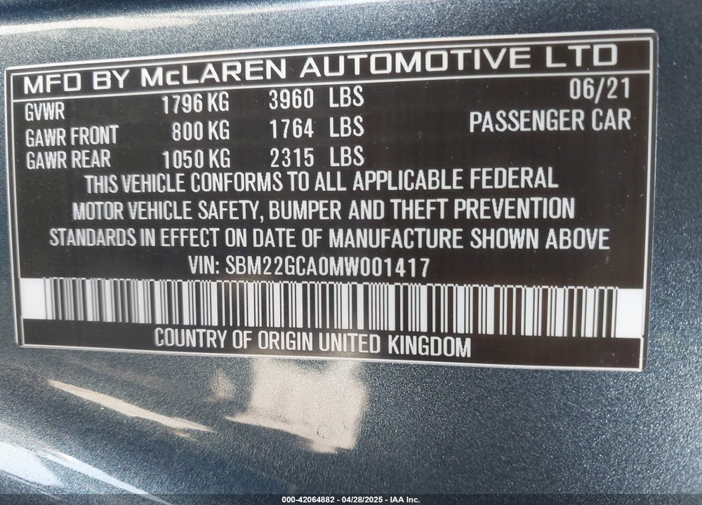 2021 MCLAREN GT VIN: SBM22GCA0MW001417