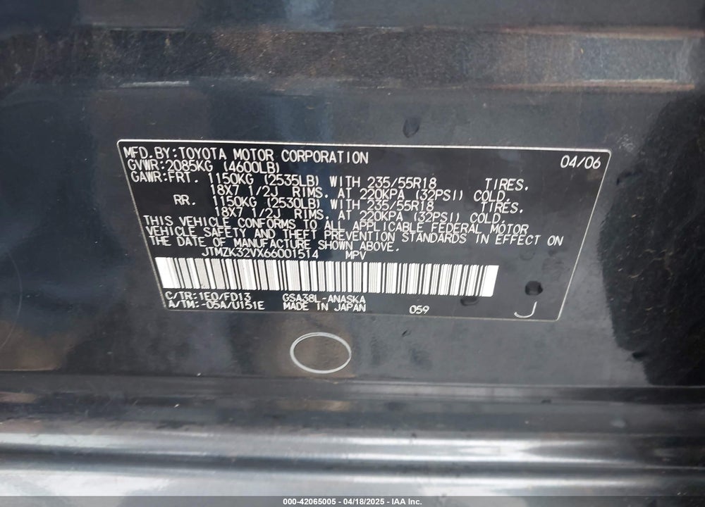 2006 TOYOTA RAV4 VIN: JTMZK32VX66001514