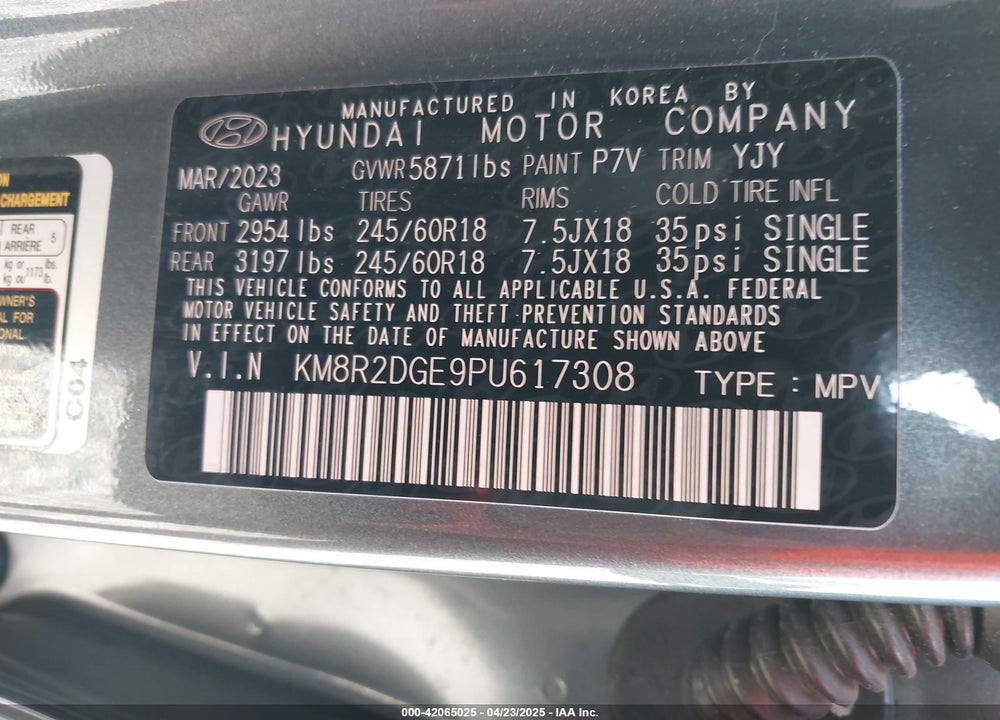 2023 HYUNDAI PALISADE VIN: KM8R2DGE9PU617308