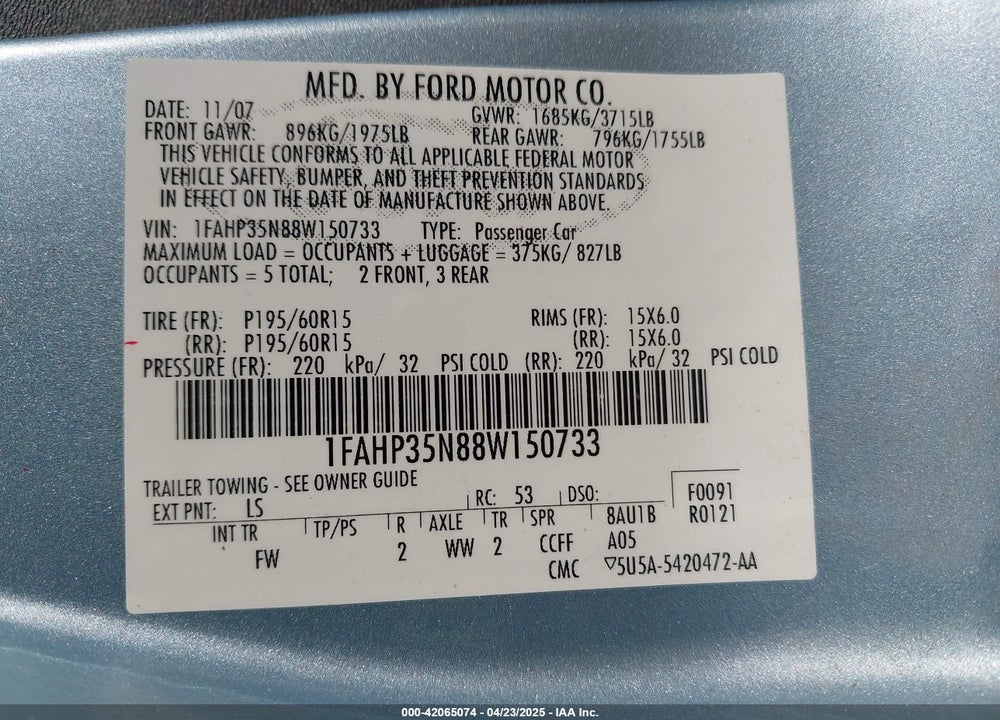 2008 FORD FOCUS SE/SES VIN: 1FAHP35N88W150733
