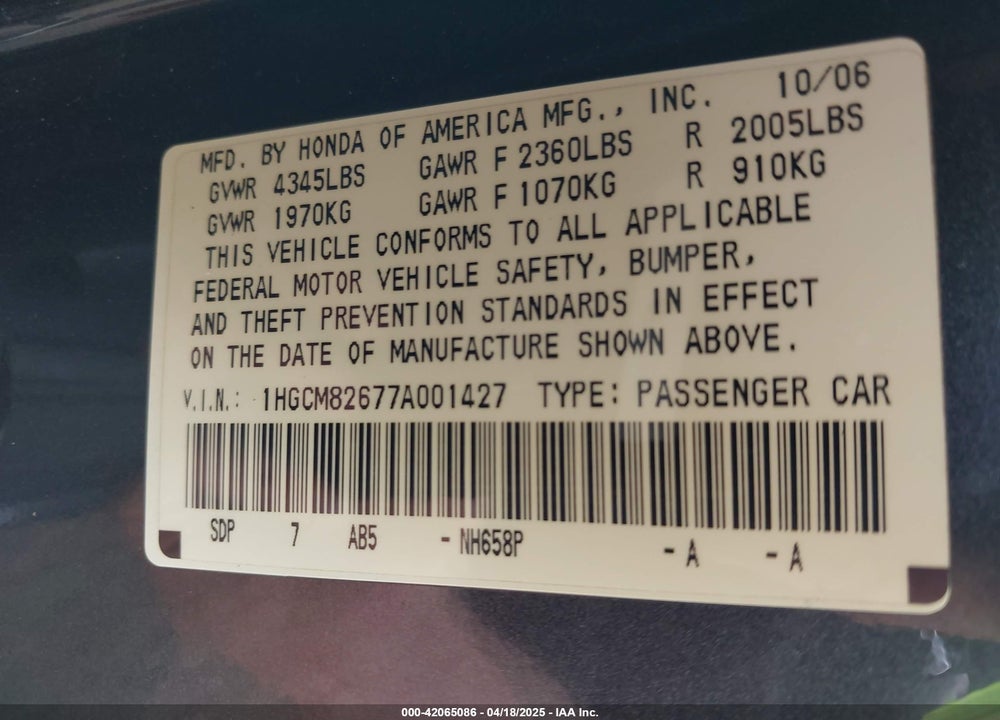 2007 HONDA ACCORD 3.0 EX VIN: 1HGCM82677A001427