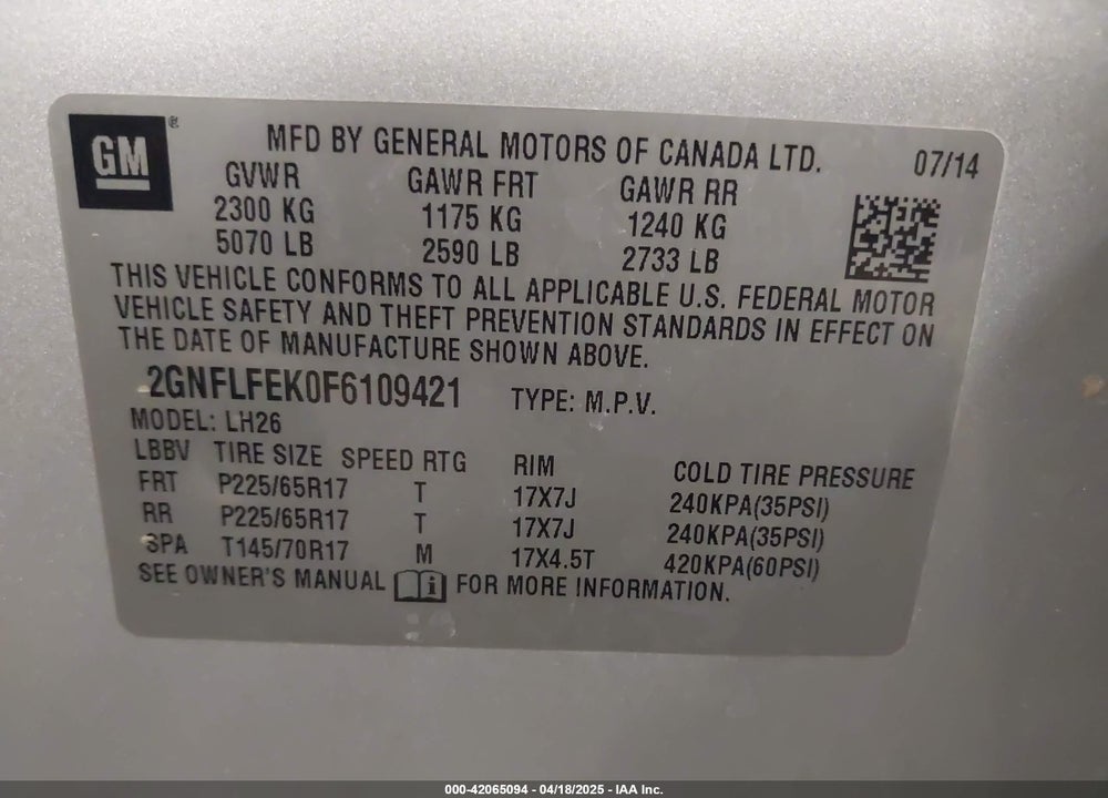 2015 CHEVROLET EQUINOX 1LT VIN: 2GNFLFEK0F6109421