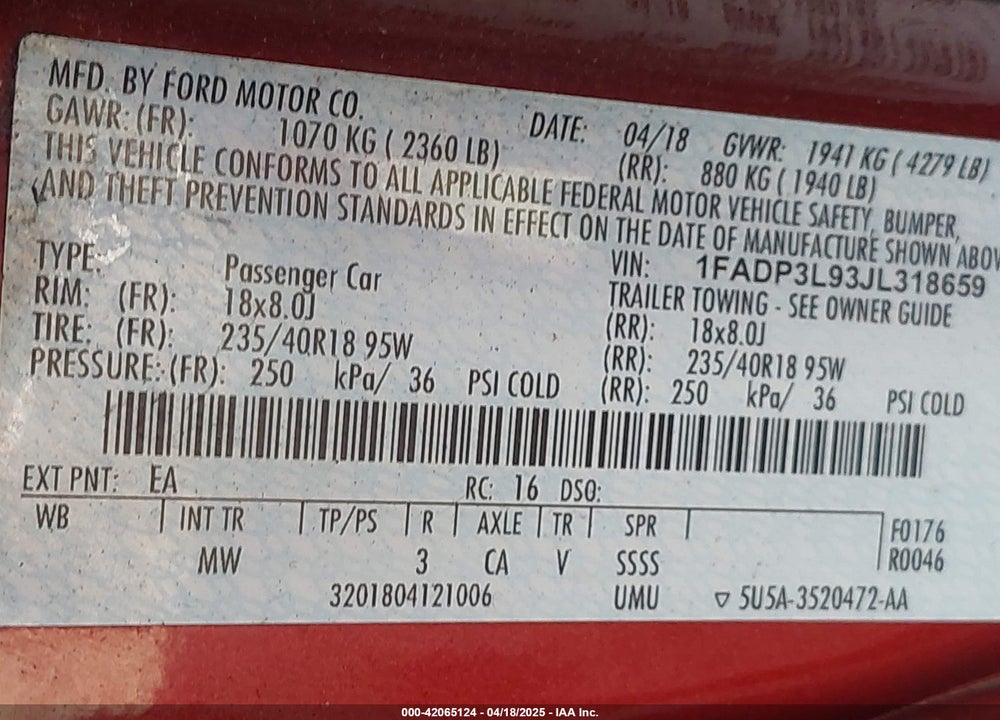 2018 FORD FOCUS VIN: 1FADP3L93JL318659