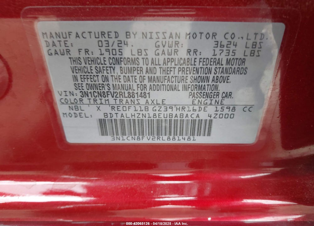 2024 NISSAN VERSA 1.6 SR VIN: 3N1CN8FV2RL881481