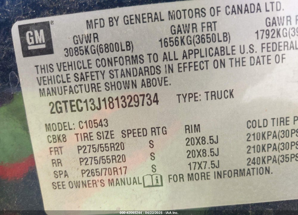 2008 GMC SIERRA 1500 VIN: 2GTEC13J181329734