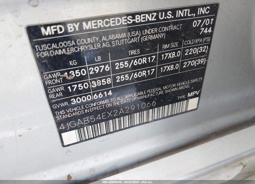2002 MERCEDES-BENZ ML 320 VIN: 4JGAB54EX2A291066