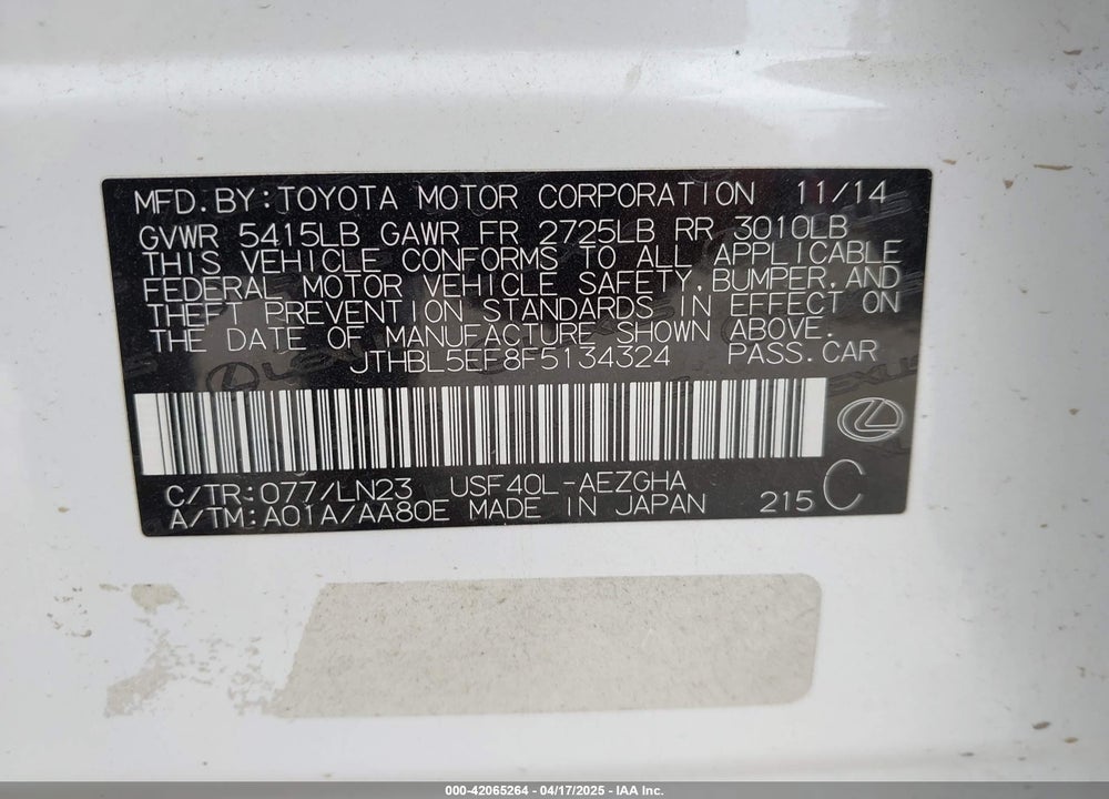 2015 LEXUS LS 460 VIN: JTHBL5EF8F5134324