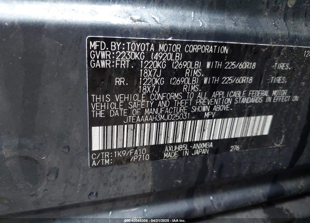2021 TOYOTA VENZA LE VIN: JTEAAAAH3MJ025031
