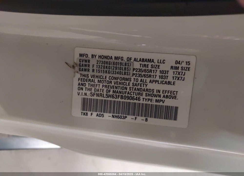 2015 HONDA ODYSSEY EX-L VIN: 5FNRL5H63FB090646