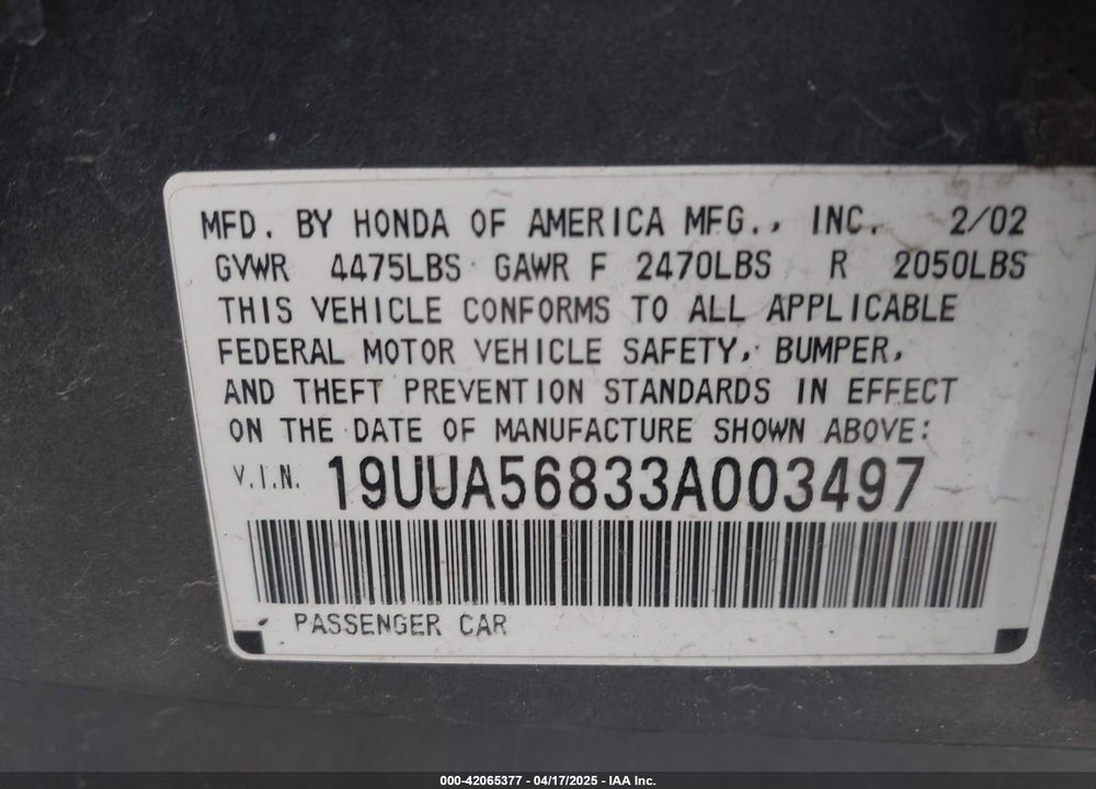 2003 ACURA TL 3.2 TYPE S VIN: 19UUA56833A003497
