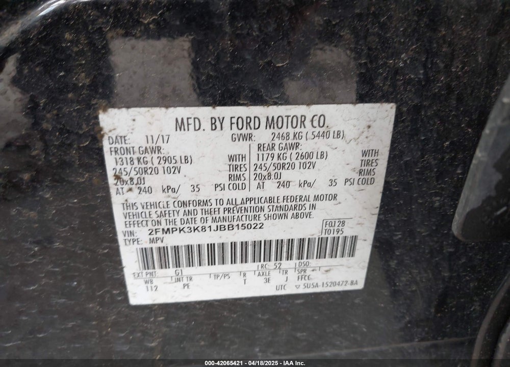 2018 FORD EDGE VIN: 2FMPK3K81JBB15022