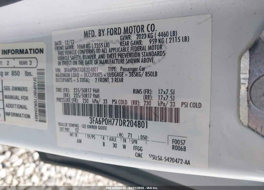 2013 FORD FUSION VIN: 3FA6P0H77DR204801