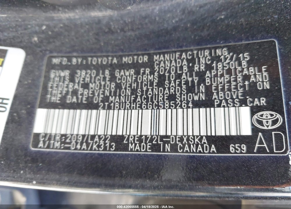 2016 TOYOTA COROLLA S PREMIUM VIN: 2T1BURHE6GC585264