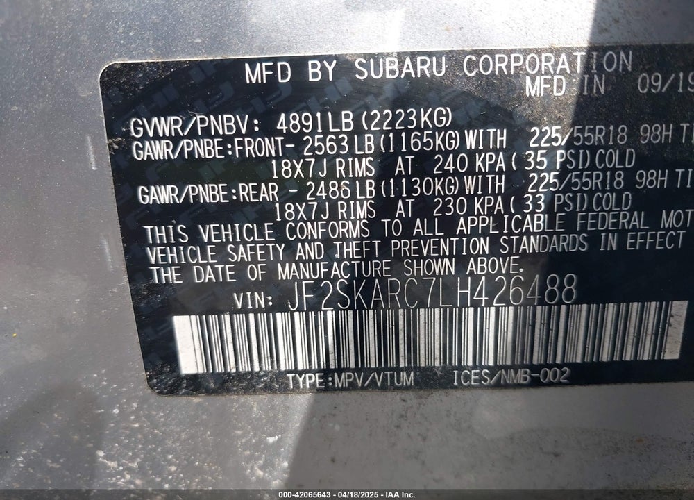 2020 SUBARU FORESTER SPORT VIN: JF2SKARC7LH426488