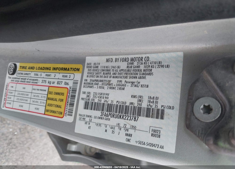 2019 FORD FUSION HYBRID VIN: 3FA6P0RU0KR223787