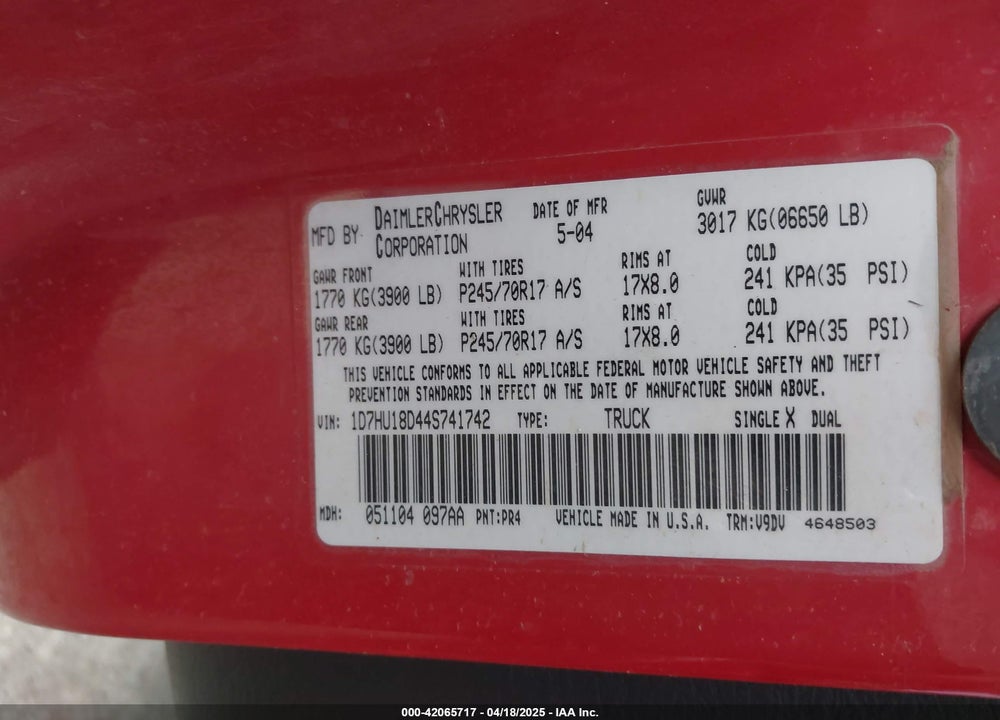 2004 DODGE RAM 1500 SLT/LARAMIE VIN: 1D7HU18D44S741742