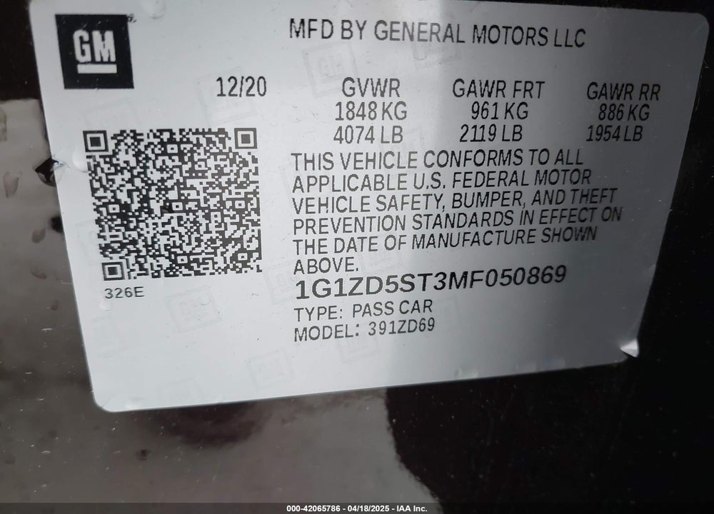 2021 CHEVROLET MALIBU VIN: 1G1ZD5ST3MF050869