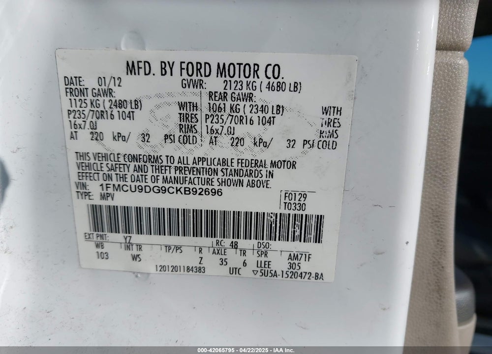2012 FORD ESCAPE XLT VIN: 1FMCU9DG9CKB92696