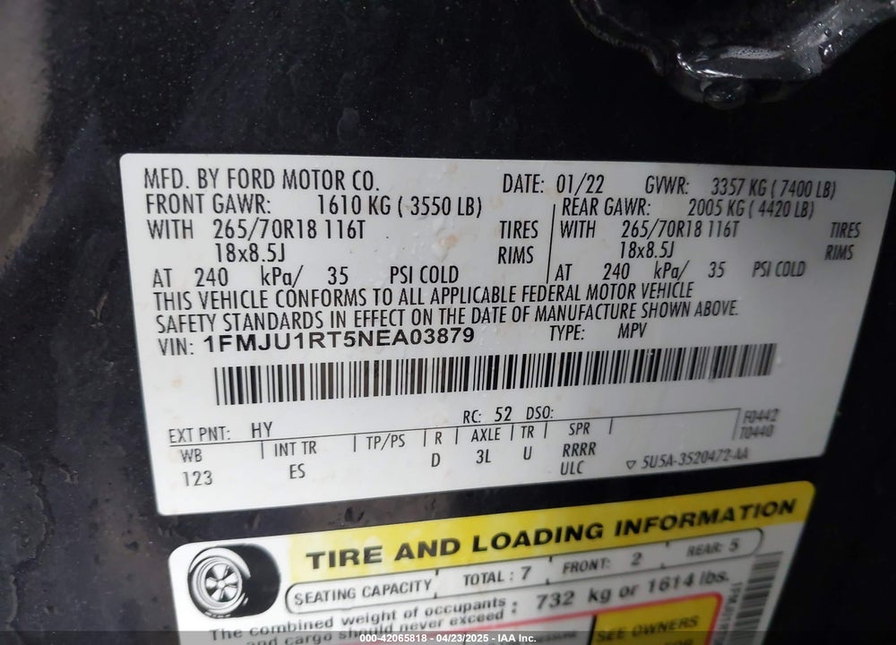 2022 FORD EXPEDITION TIMBERLINE VIN: 1FMJU1RT5NEA03879