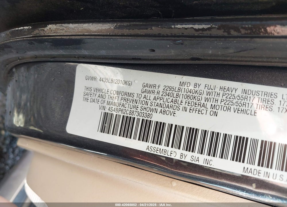 2008 SUBARU OUTBACK 2.5I LIMITED/2.5I LIMITED L.L. BEAN EDITION VIN: 4S4BP62C887303380