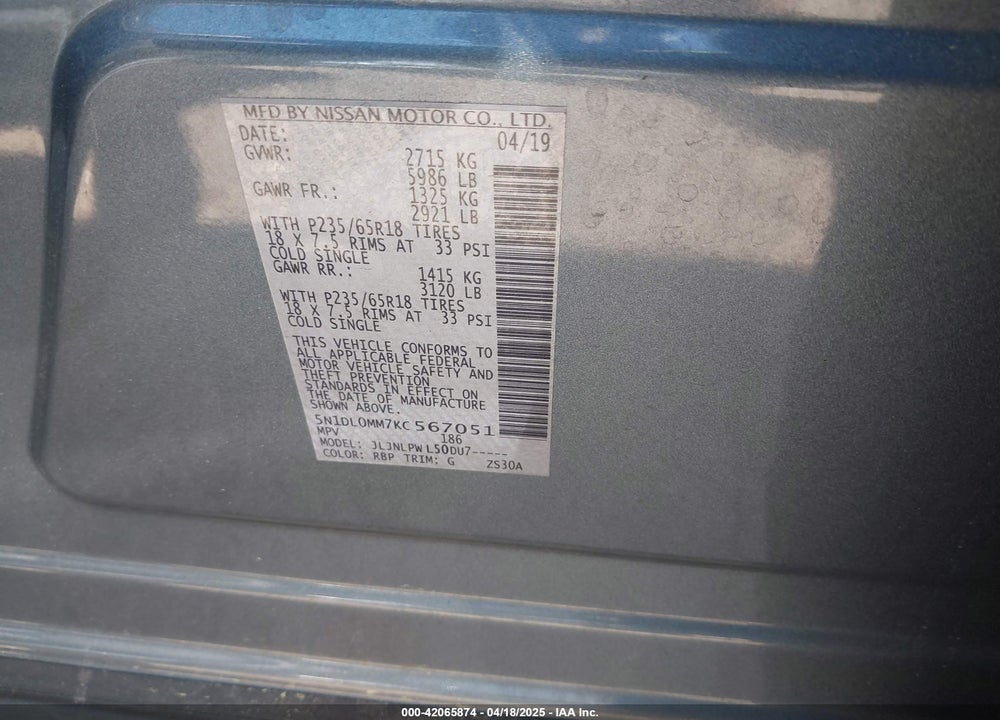 2019 INFINITI QX60 PURE VIN: 5N1DL0MM7KC567051