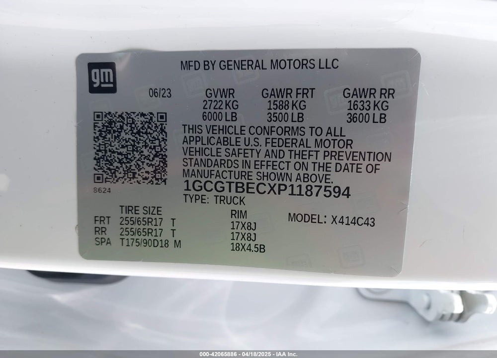 2023 CHEVROLET COLORADO VIN: 1GCGTBECXP1187594