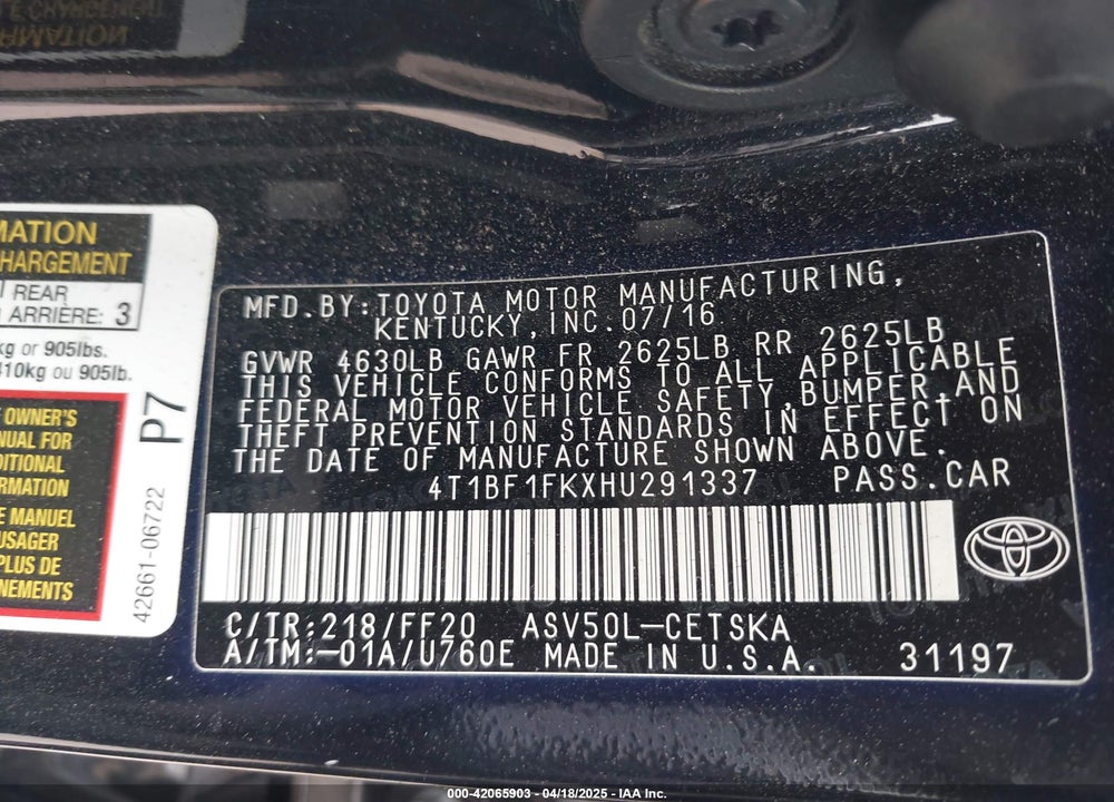 2017 TOYOTA CAMRY VIN: 4T1BF1FKXHU291337