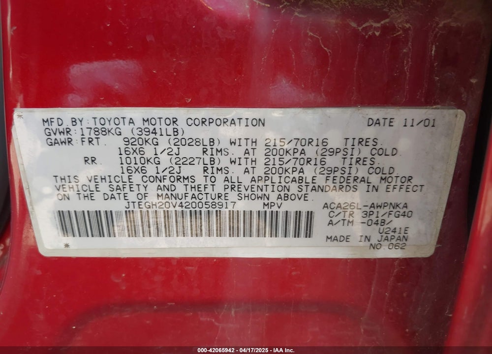 2002 TOYOTA RAV4 VIN: JTEGH20V420058917