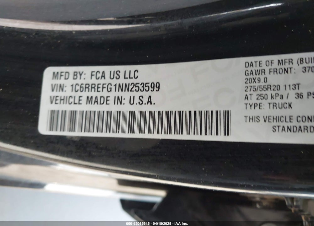 2022 RAM 1500 VIN: 1C6RREFG1NN253599