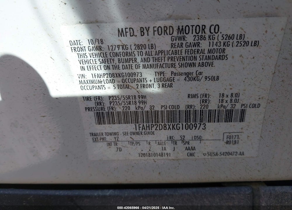 2019 FORD TAURUS VIN: 1FAHP2D8XKG100973