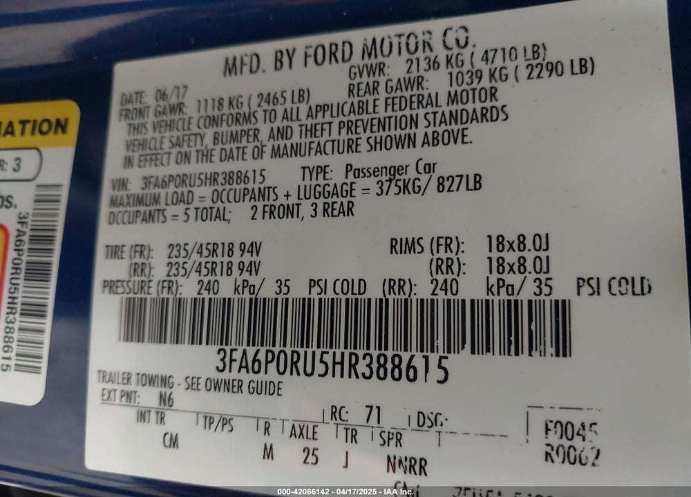 2017 FORD FUSION HYBRID TITANIUM VIN: 3FA6P0RU5HR388615