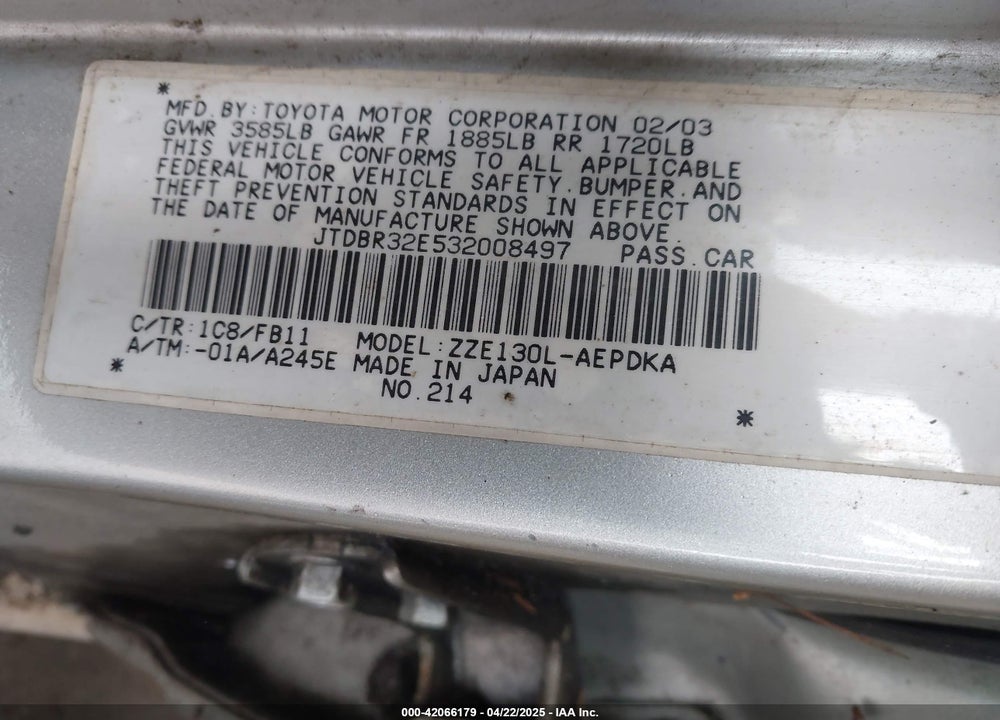 2003 TOYOTA COROLLA CE VIN: JTDBR32E532008497