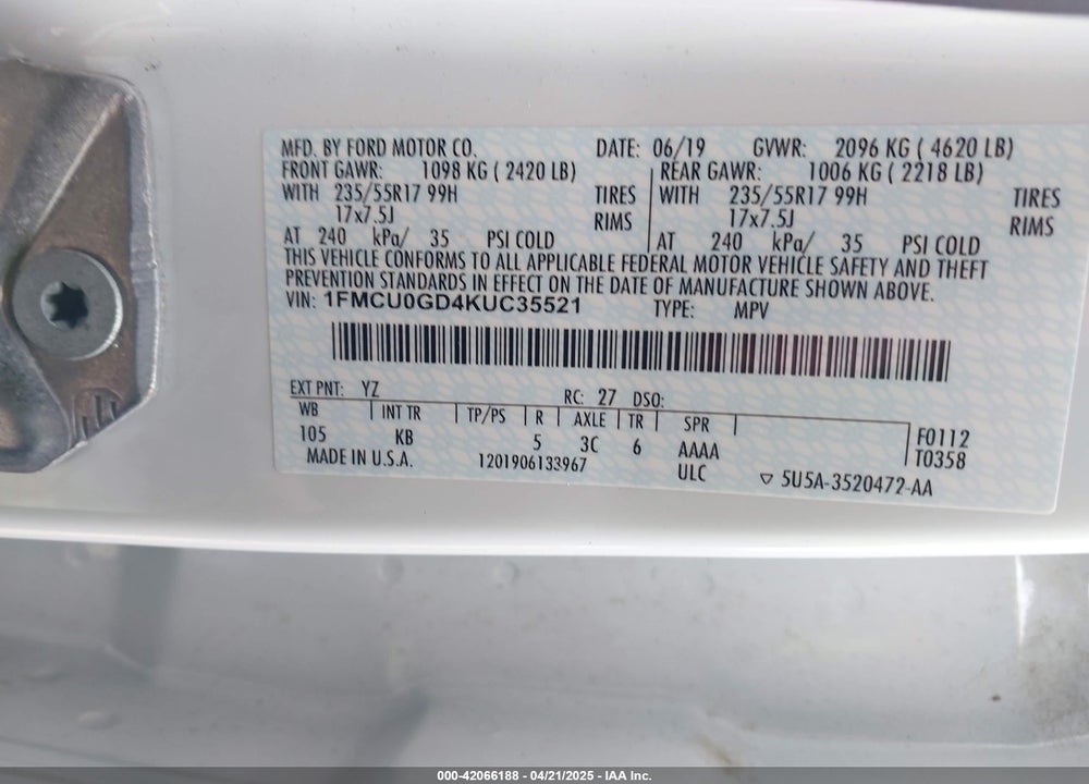 2019 FORD ESCAPE SE VIN: 1FMCU0GD4KUC35521