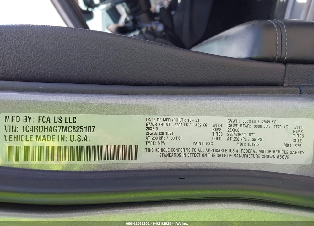 2021 DODGE DURANGO VIN: 1C4RDHAG7MC825107