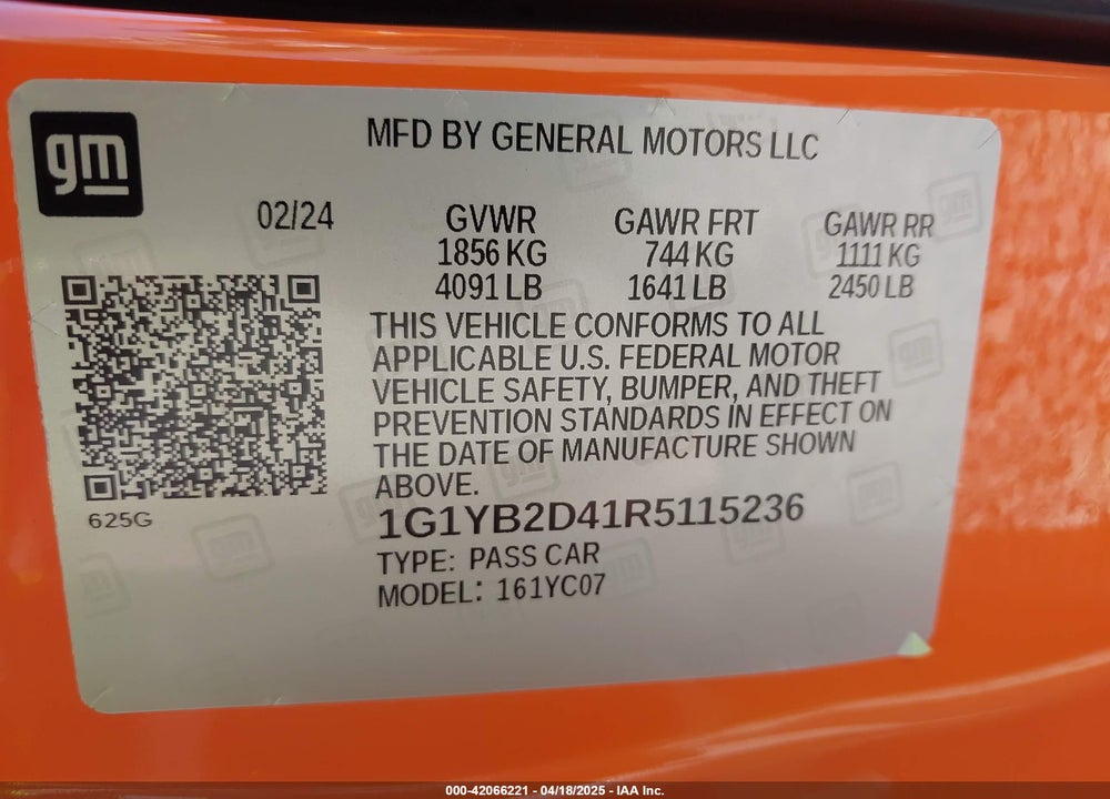 2024 CHEVROLET CORVETTE STINGRAY VIN: 1G1YB2D41R5115236