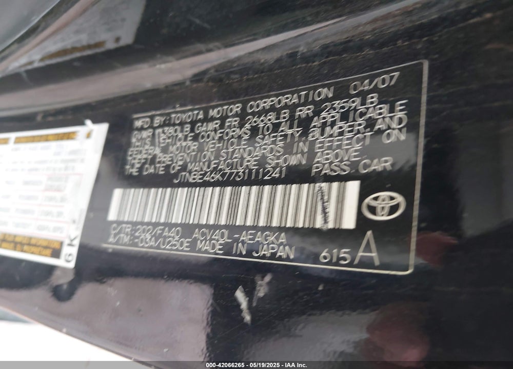 2007 TOYOTA CAMRY XLE VIN: JTNBE46K773111241