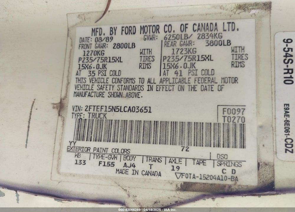 1990 FORD F150 VIN: 2FTEF15N5LCA03651