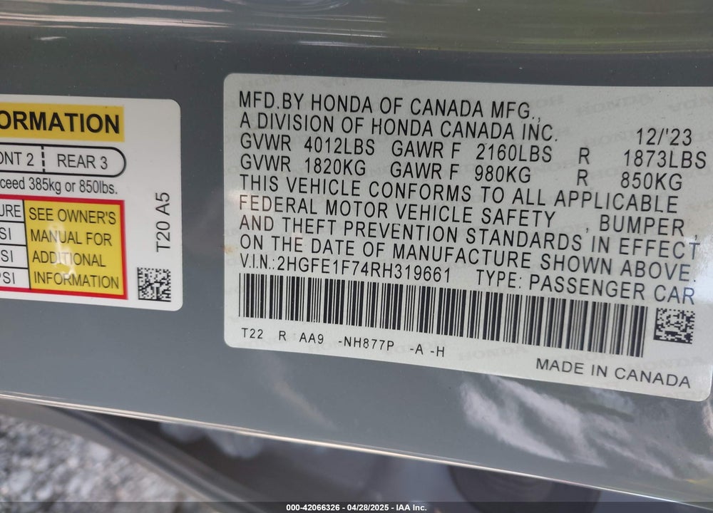 2024 HONDA CIVIC VIN: 2HGFE1F74RH319661