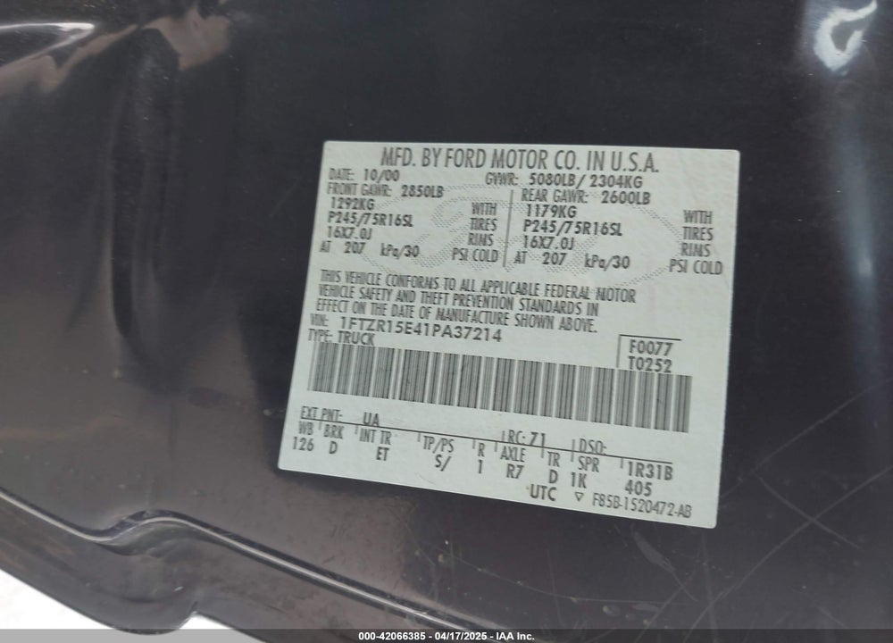 2001 FORD RANGER VIN: 1FTZR15E41PA37214