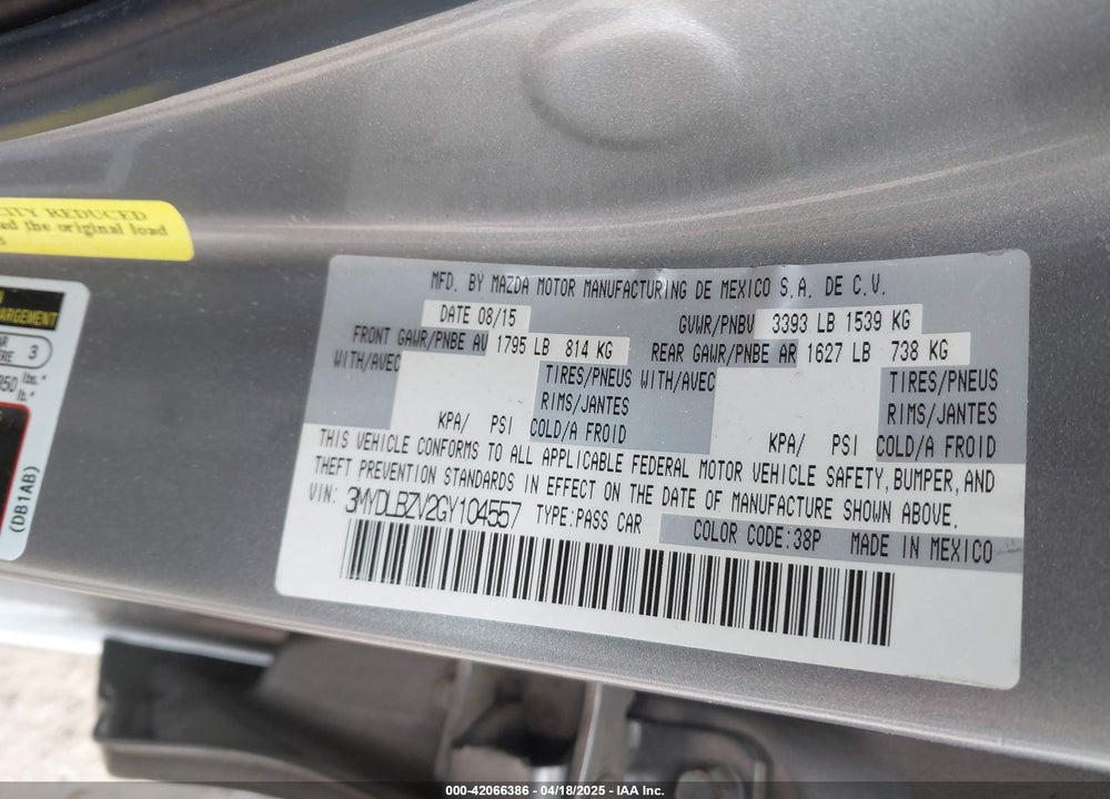 2016 SCION IA VIN: 3MYDLBZV2GY104557