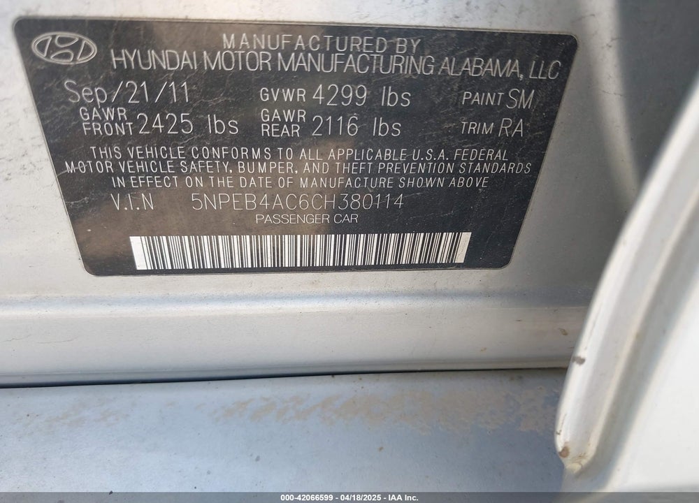 2012 HYUNDAI SONATA VIN: 5NPEB4AC6CH380114