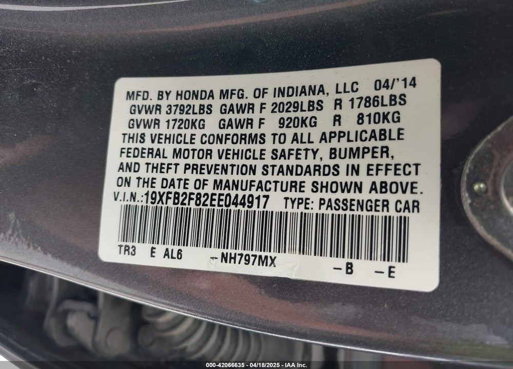 2014 HONDA CIVIC VIN: 19XFB2F82EE044917