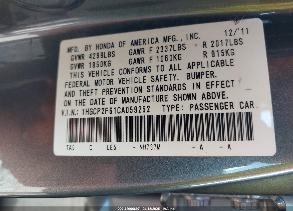 2012 HONDA ACCORD VIN: 1HGCP2F61CA059252